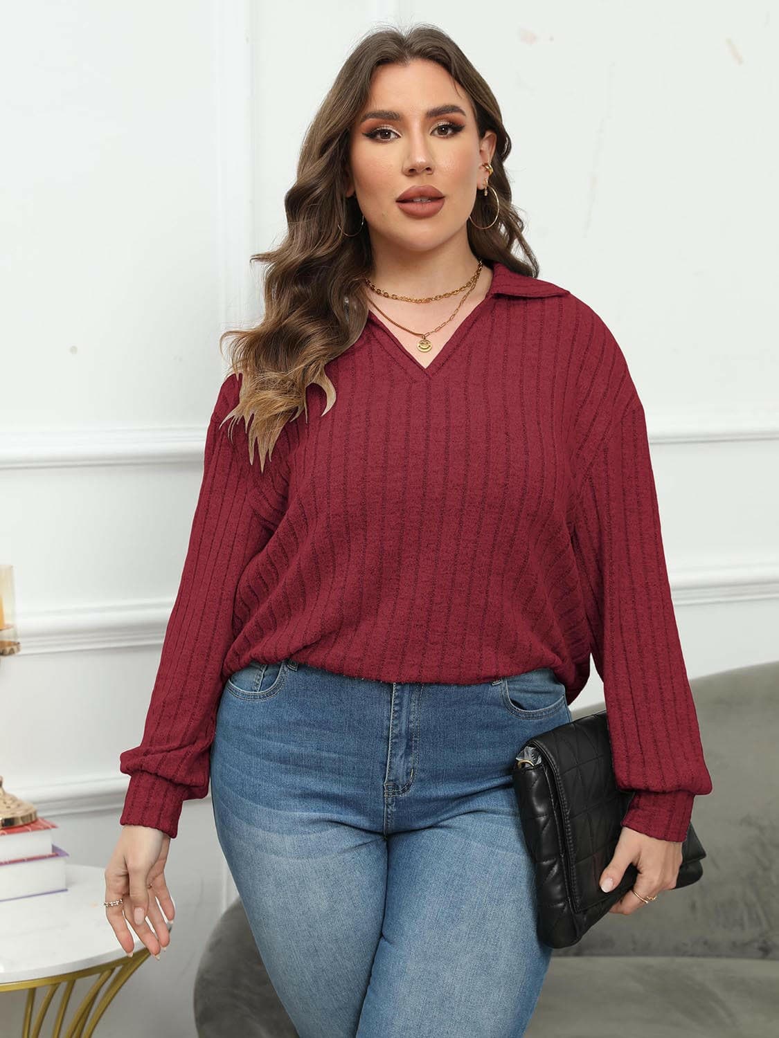 Ribbed Collared Plus Size Long Sleeve Blouse with StretchUpgrade Your Wardrobe with Our Ribbed Collared Plus Size Long Sleeve Blouse
 Indulge in the perfect blend of style and comfort with our Ribbed Collared Plus Size LonLove Salve Size Long Sleeve Blouseplus