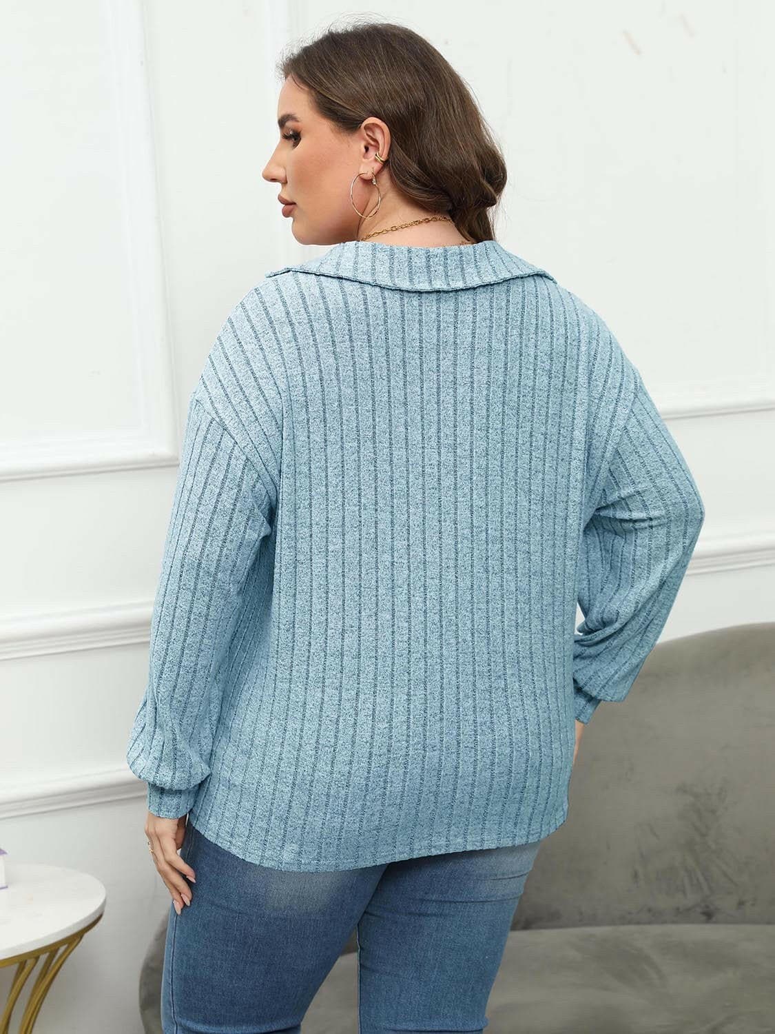 Ribbed Collared Plus Size Long Sleeve Blouse with StretchUpgrade Your Wardrobe with Our Ribbed Collared Plus Size Long Sleeve Blouse
 Indulge in the perfect blend of style and comfort with our Ribbed Collared Plus Size LonLove Salve Size Long Sleeve Blouseplus