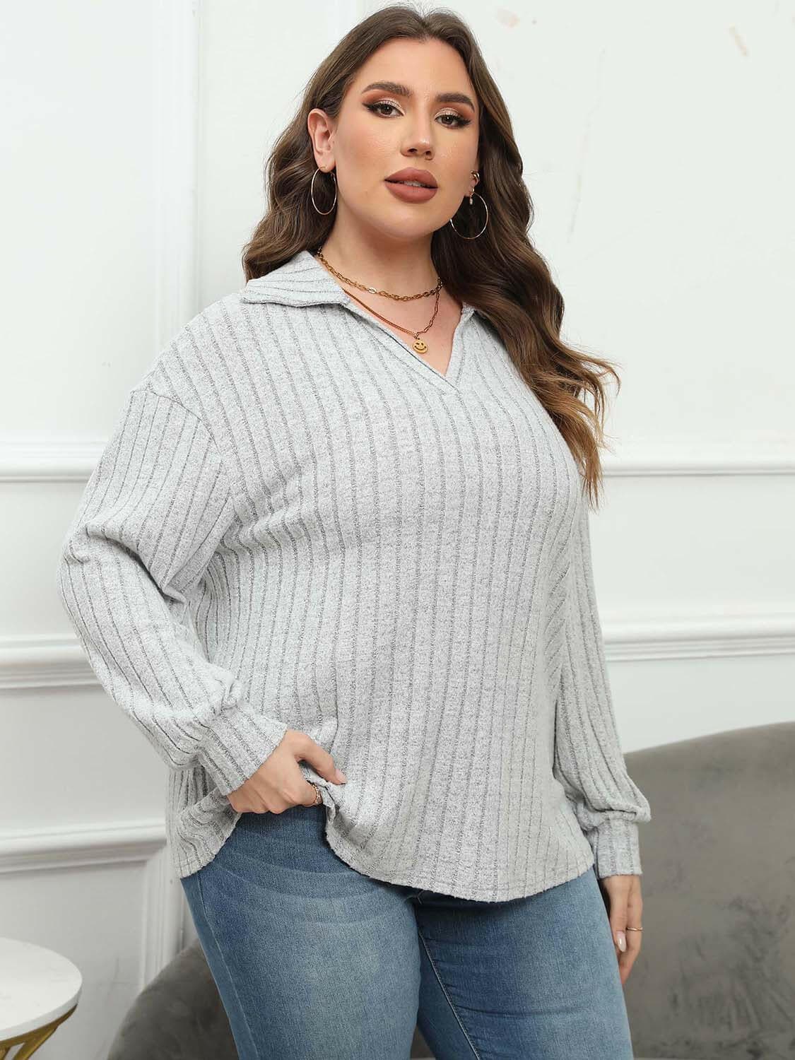 Ribbed Collared Plus Size Long Sleeve Blouse with StretchUpgrade Your Wardrobe with Our Ribbed Collared Plus Size Long Sleeve Blouse
 Indulge in the perfect blend of style and comfort with our Ribbed Collared Plus Size LonLove Salve Size Long Sleeve Blouseplus