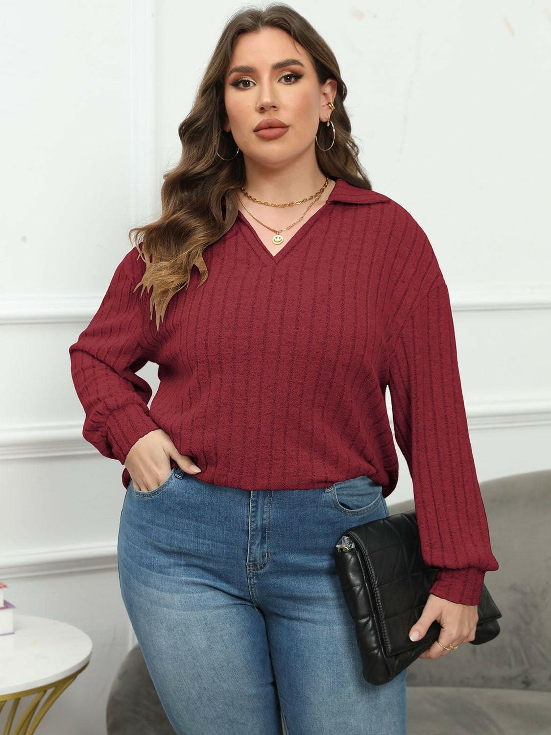 Ribbed Collared Plus Size Long Sleeve Blouse with StretchUpgrade Your Wardrobe with Our Ribbed Collared Plus Size Long Sleeve Blouse
 Indulge in the perfect blend of style and comfort with our Ribbed Collared Plus Size LonLove Salve Size Long Sleeve Blouseplus