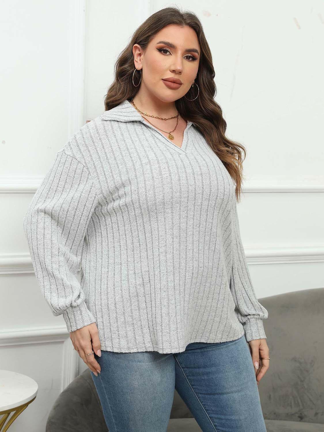 Ribbed Collared Plus Size Long Sleeve Blouse with StretchUpgrade Your Wardrobe with Our Ribbed Collared Plus Size Long Sleeve Blouse
 Indulge in the perfect blend of style and comfort with our Ribbed Collared Plus Size LonLove Salve Size Long Sleeve Blouseplus