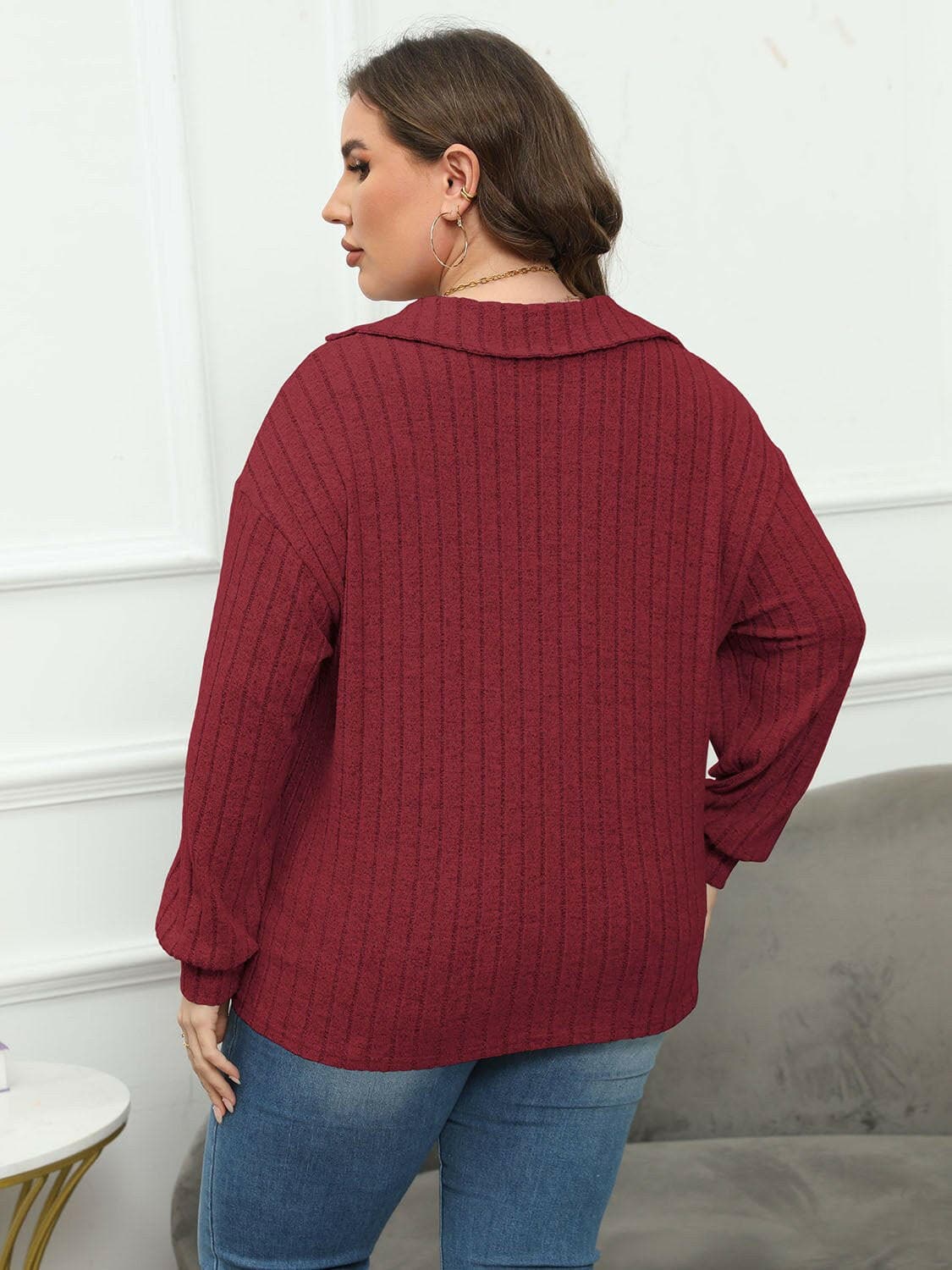 Ribbed Collared Plus Size Long Sleeve Blouse with StretchUpgrade Your Wardrobe with Our Ribbed Collared Plus Size Long Sleeve Blouse
 Indulge in the perfect blend of style and comfort with our Ribbed Collared Plus Size LonLove Salve Size Long Sleeve Blouseplus