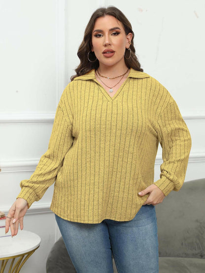 Ribbed Collared Plus Size Long Sleeve Blouse with StretchUpgrade Your Wardrobe with Our Ribbed Collared Plus Size Long Sleeve Blouse
 Indulge in the perfect blend of style and comfort with our Ribbed Collared Plus Size LonLove Salve Size Long Sleeve Blouseplus