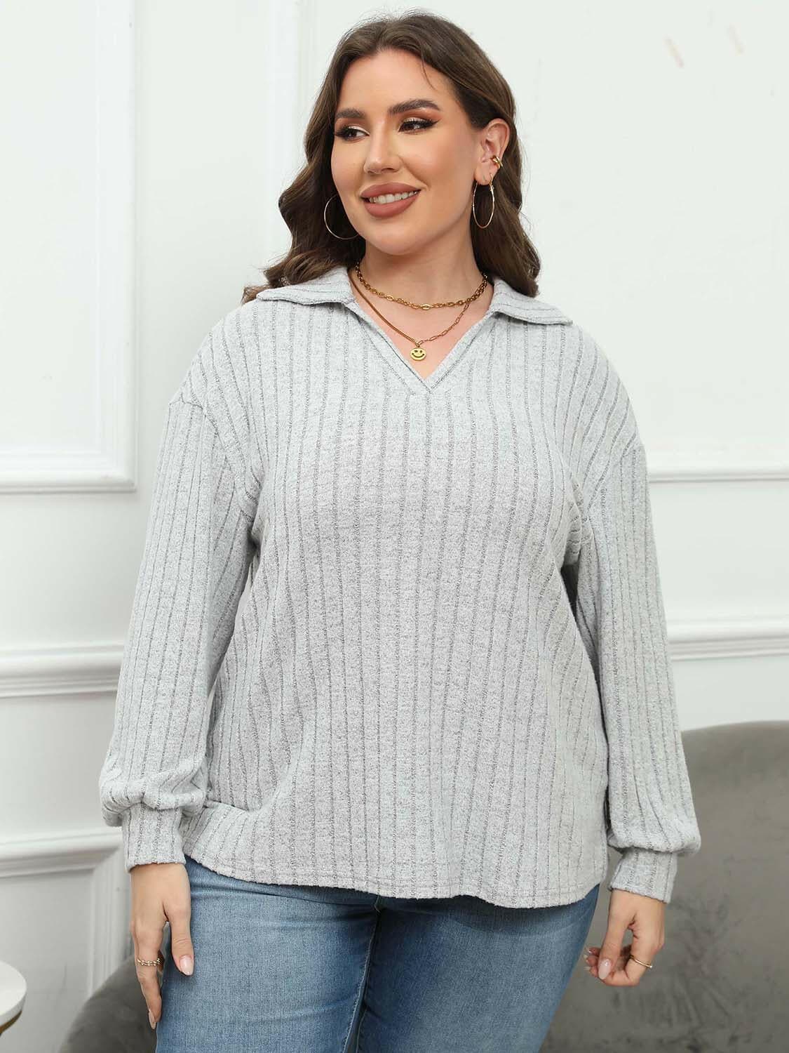 Ribbed Collared Plus Size Long Sleeve Blouse with StretchUpgrade Your Wardrobe with Our Ribbed Collared Plus Size Long Sleeve Blouse
 Indulge in the perfect blend of style and comfort with our Ribbed Collared Plus Size LonLove Salve Size Long Sleeve Blouseplus