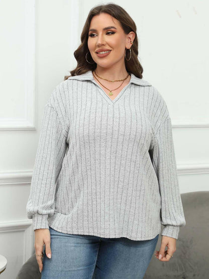 Ribbed Collared Plus Size Long Sleeve Blouse with StretchUpgrade Your Wardrobe with Our Ribbed Collared Plus Size Long Sleeve Blouse
 Indulge in the perfect blend of style and comfort with our Ribbed Collared Plus Size LonLove Salve Size Long Sleeve Blouseplus