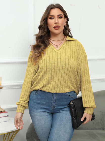 Ribbed Collared Plus Size Long Sleeve Blouse with StretchUpgrade Your Wardrobe with Our Ribbed Collared Plus Size Long Sleeve Blouse
 Indulge in the perfect blend of style and comfort with our Ribbed Collared Plus Size LonLove Salve Size Long Sleeve Blouseplus