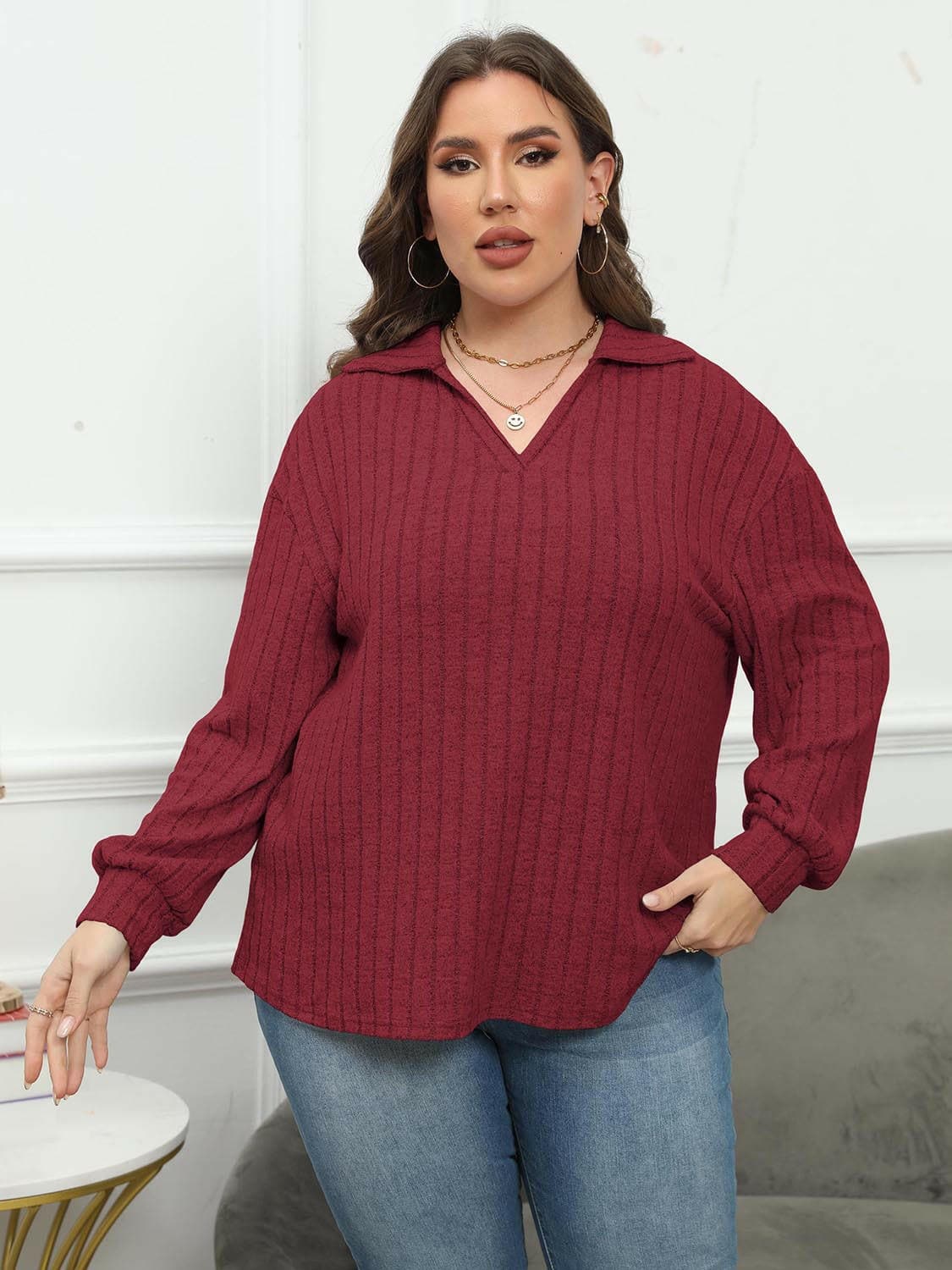 Ribbed Collared Plus Size Long Sleeve Blouse with StretchUpgrade Your Wardrobe with Our Ribbed Collared Plus Size Long Sleeve Blouse
 Indulge in the perfect blend of style and comfort with our Ribbed Collared Plus Size LonLove Salve Size Long Sleeve Blouseplus