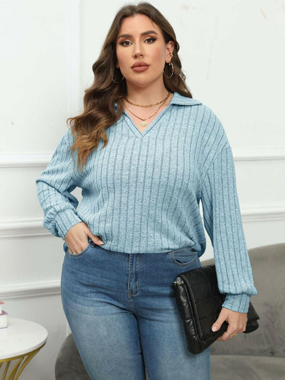 Ribbed Collared Plus Size Long Sleeve Blouse with StretchUpgrade Your Wardrobe with Our Ribbed Collared Plus Size Long Sleeve Blouse
 Indulge in the perfect blend of style and comfort with our Ribbed Collared Plus Size LonLove Salve Size Long Sleeve Blouseplus