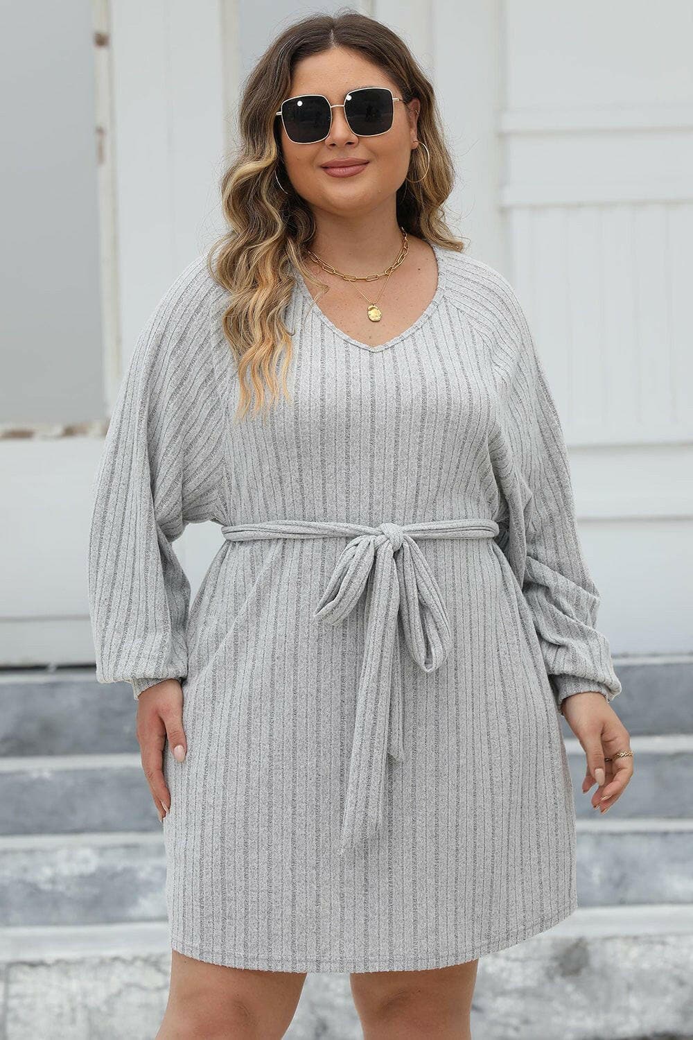 Plus Size Ribbed Tie Front Long Sleeve Sweater Dress - Love Salve