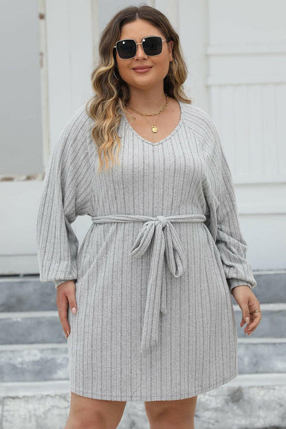 Plus Size Ribbed Tie Front Long Sleeve Sweater Dress - Love Salve