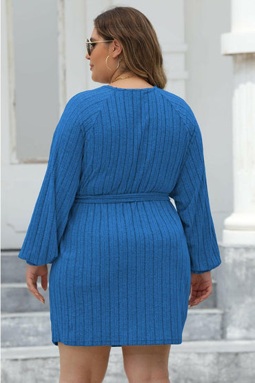 Plus Size Ribbed Tie Front Long Sleeve Sweater Dress - Love Salve