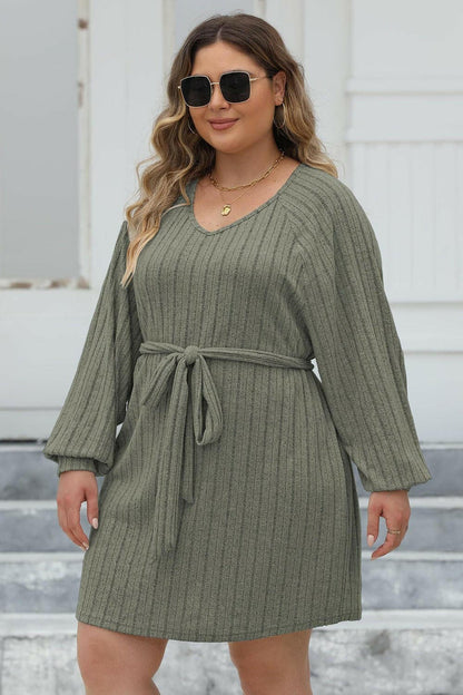 Plus Size Ribbed Tie Front Long Sleeve Sweater Dress - Love Salve