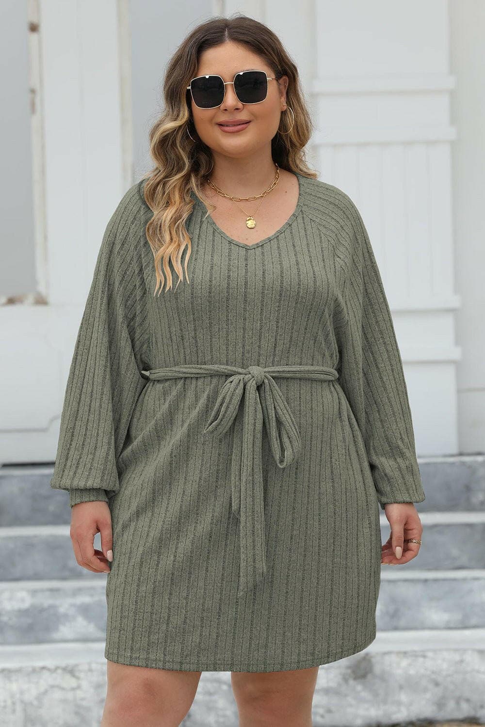 Plus Size Ribbed Tie Front Long Sleeve Sweater Dress - Love Salve