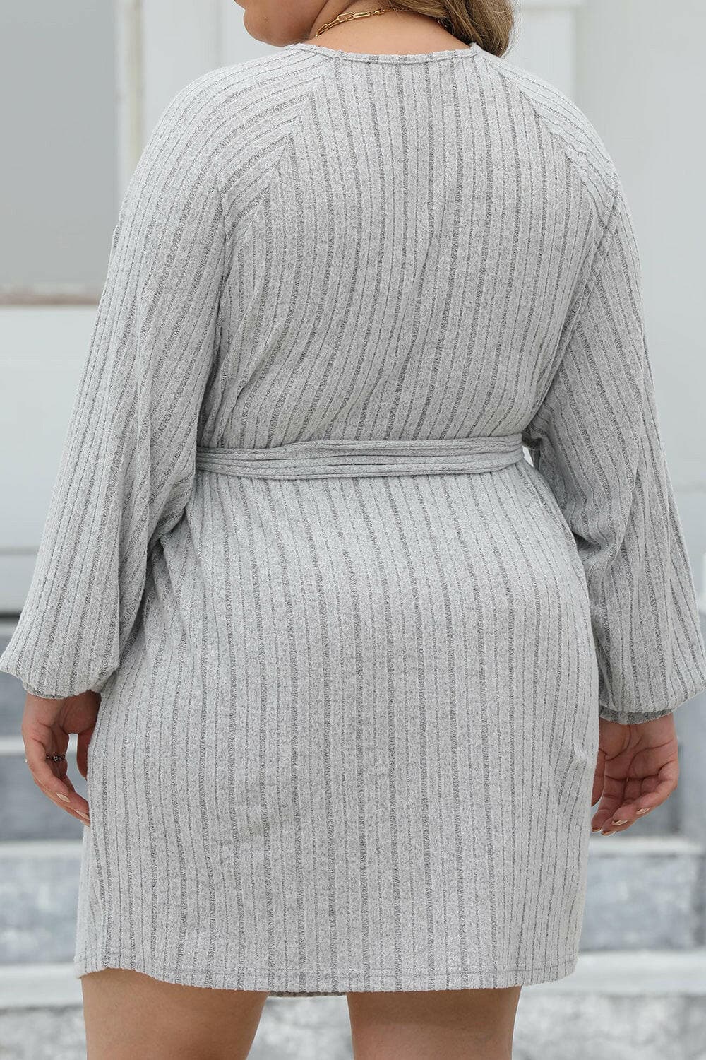 Plus Size Ribbed Tie Front Long Sleeve Sweater Dress - Love Salve