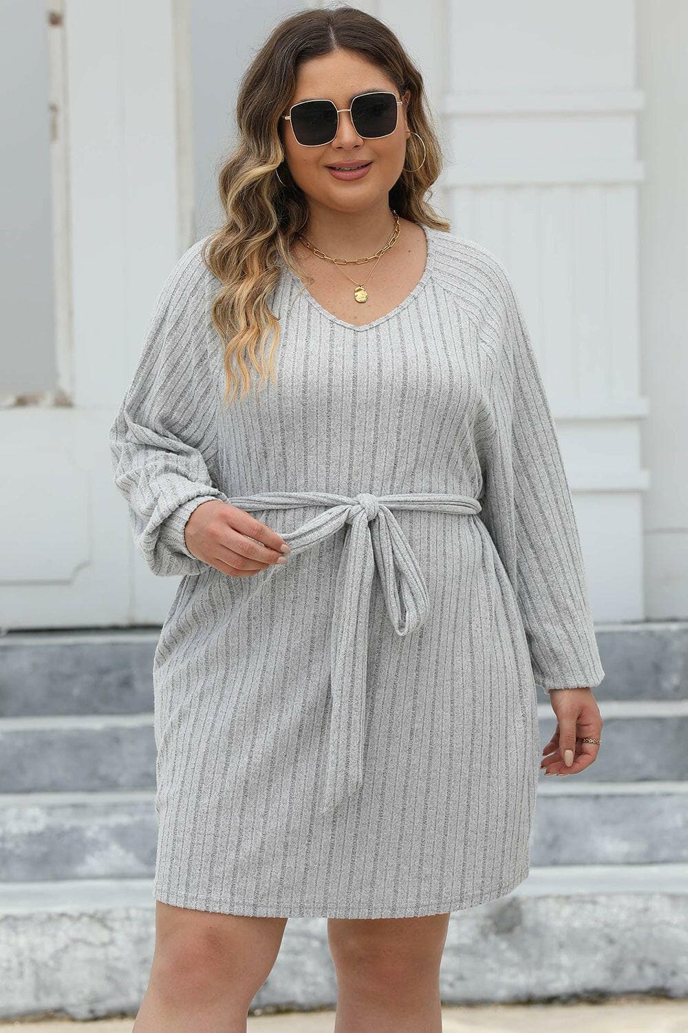 Plus Size Ribbed Tie Front Long Sleeve Sweater Dress - Love Salve