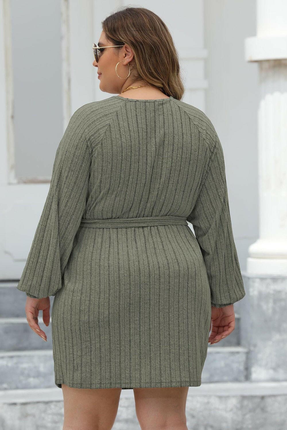 Plus Size Ribbed Tie Front Long Sleeve Sweater Dress - Love Salve