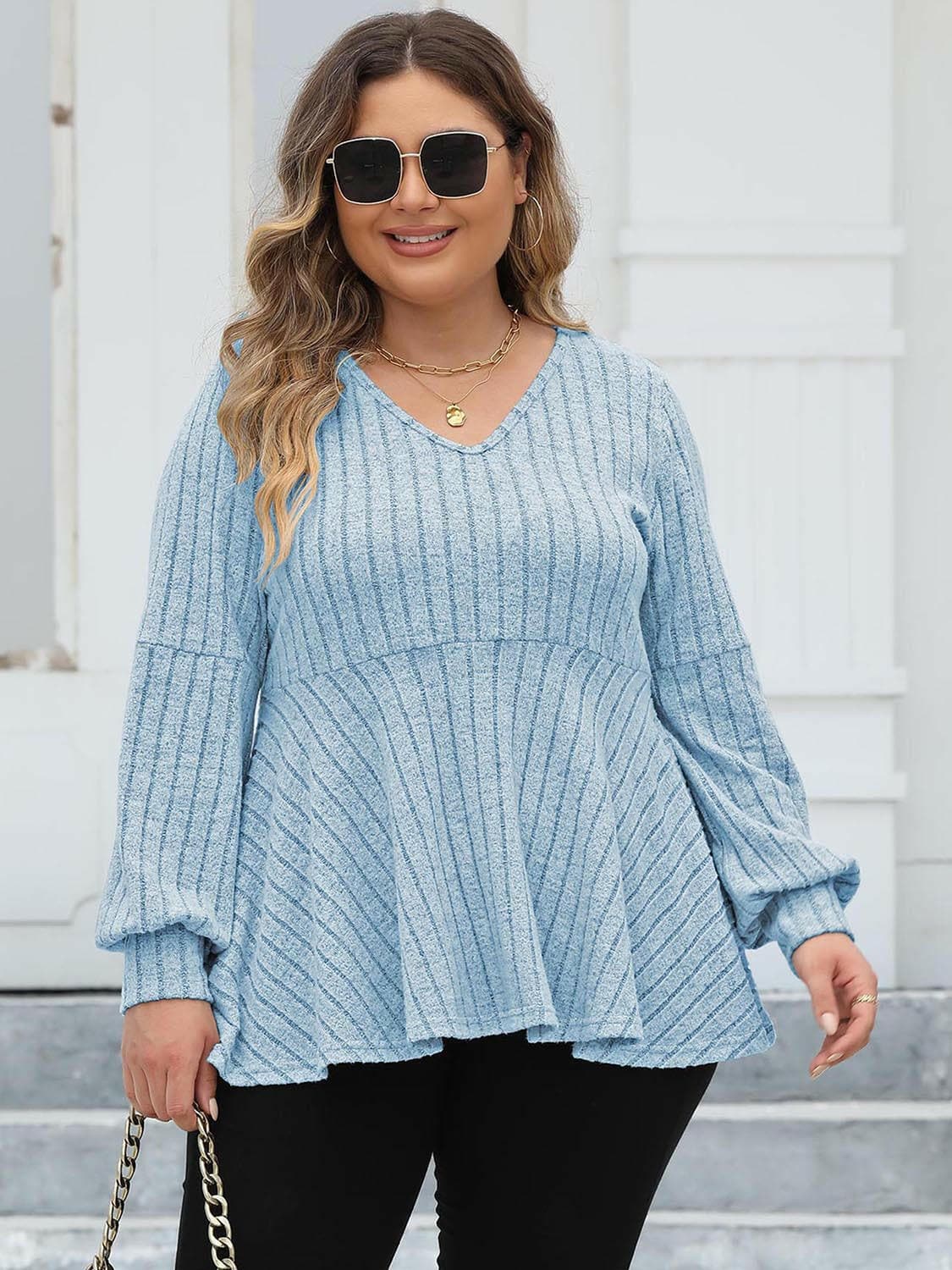 Cozy ribbed v-neck top L-3XL for curvy women, light blue, flattering fit.