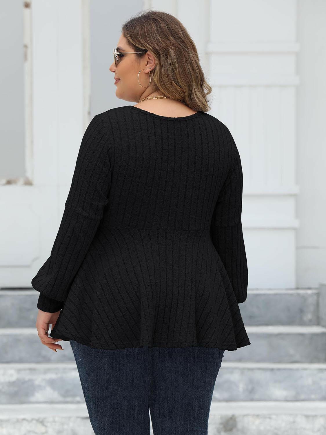 Plus Size Ribbed V-Neck Long Sleeve Blouse - Love Salve