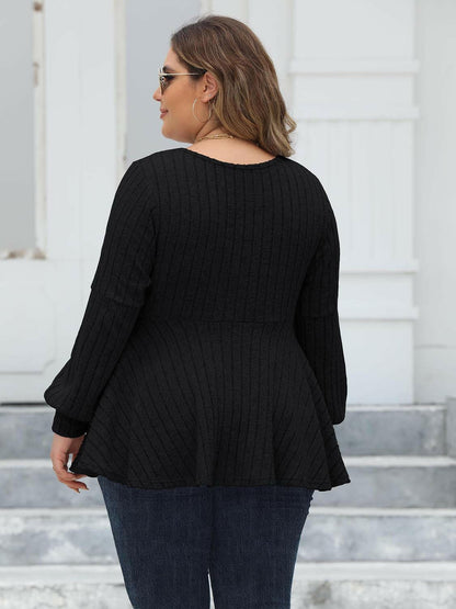 Plus Size Ribbed V-Neck Long Sleeve Blouse - Love Salve