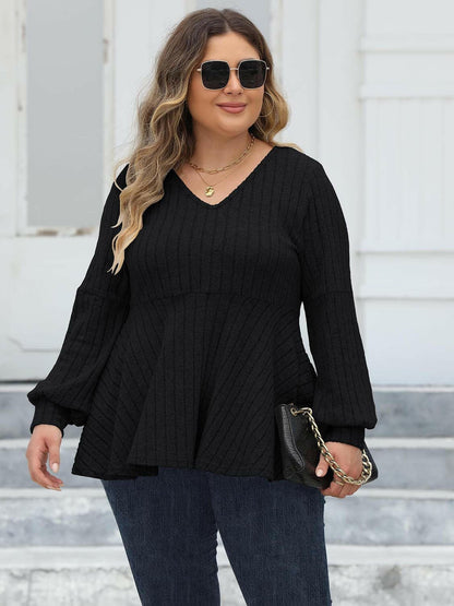 Plus Size Ribbed V-Neck Long Sleeve Blouse - Love Salve