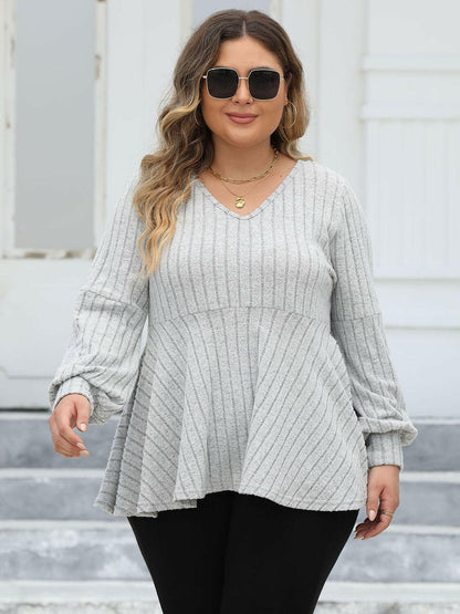 Plus Size Ribbed V-Neck Long Sleeve Blouse - Love Salve