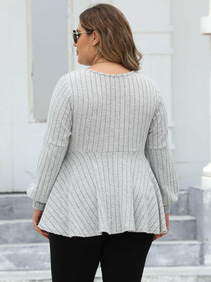 Plus Size Ribbed V-Neck Long Sleeve Blouse - Love Salve