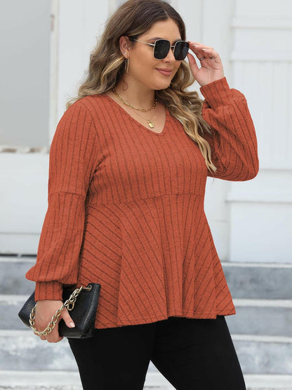 Plus Size Ribbed V-Neck Long Sleeve Blouse - Love Salve