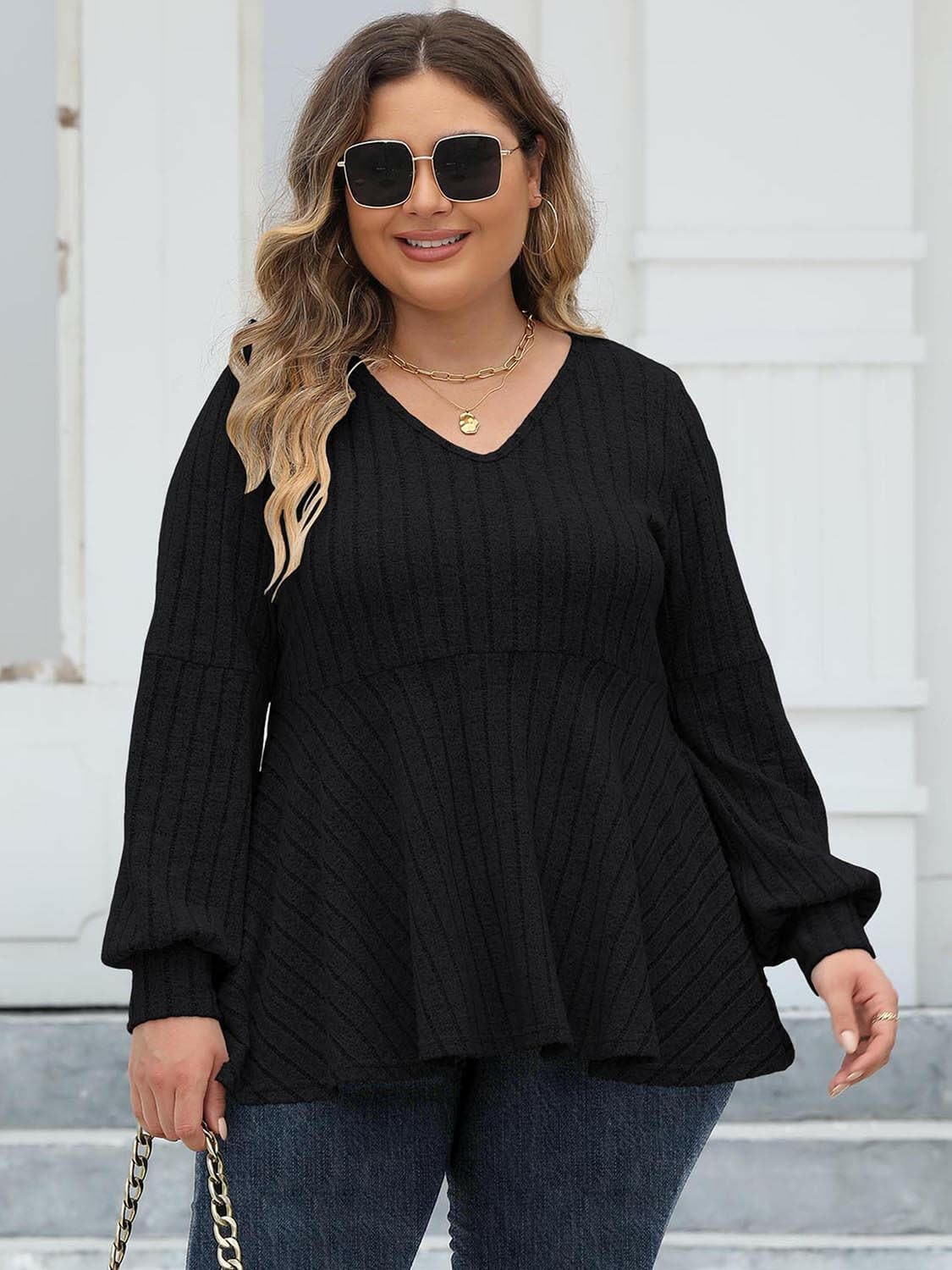 Plus Size Ribbed V-Neck Long Sleeve Blouse - Love Salve