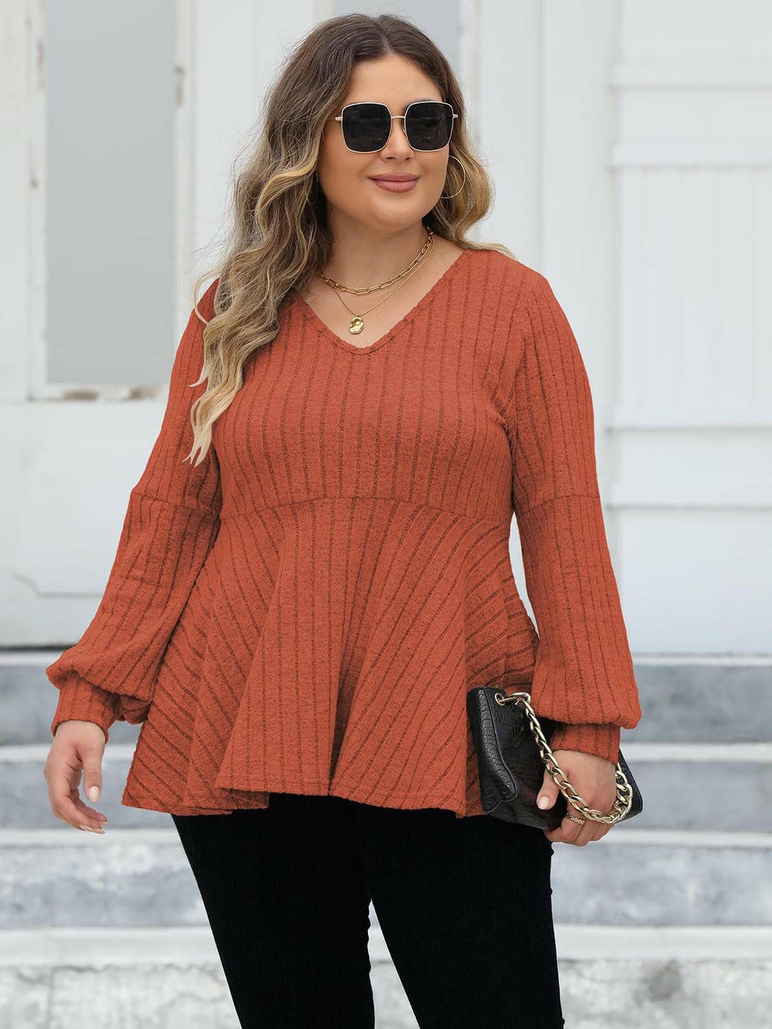 Plus Size Ribbed V-Neck Long Sleeve Blouse - Love Salve