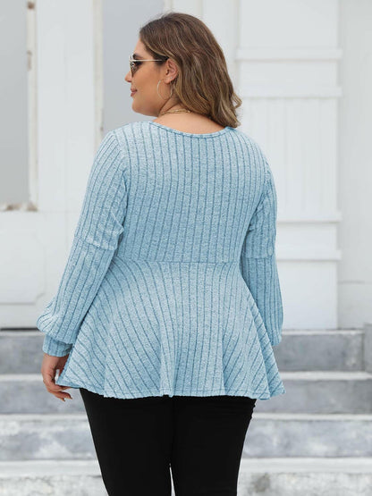 Plus Size Ribbed V-Neck Long Sleeve Blouse - Love Salve