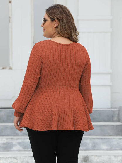 Plus Size Ribbed V-Neck Long Sleeve Blouse - Love Salve