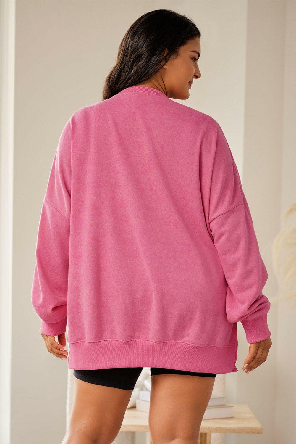 Plus Size Round Neck Drop Shoulder Slit Sweatshirt - Love Salve