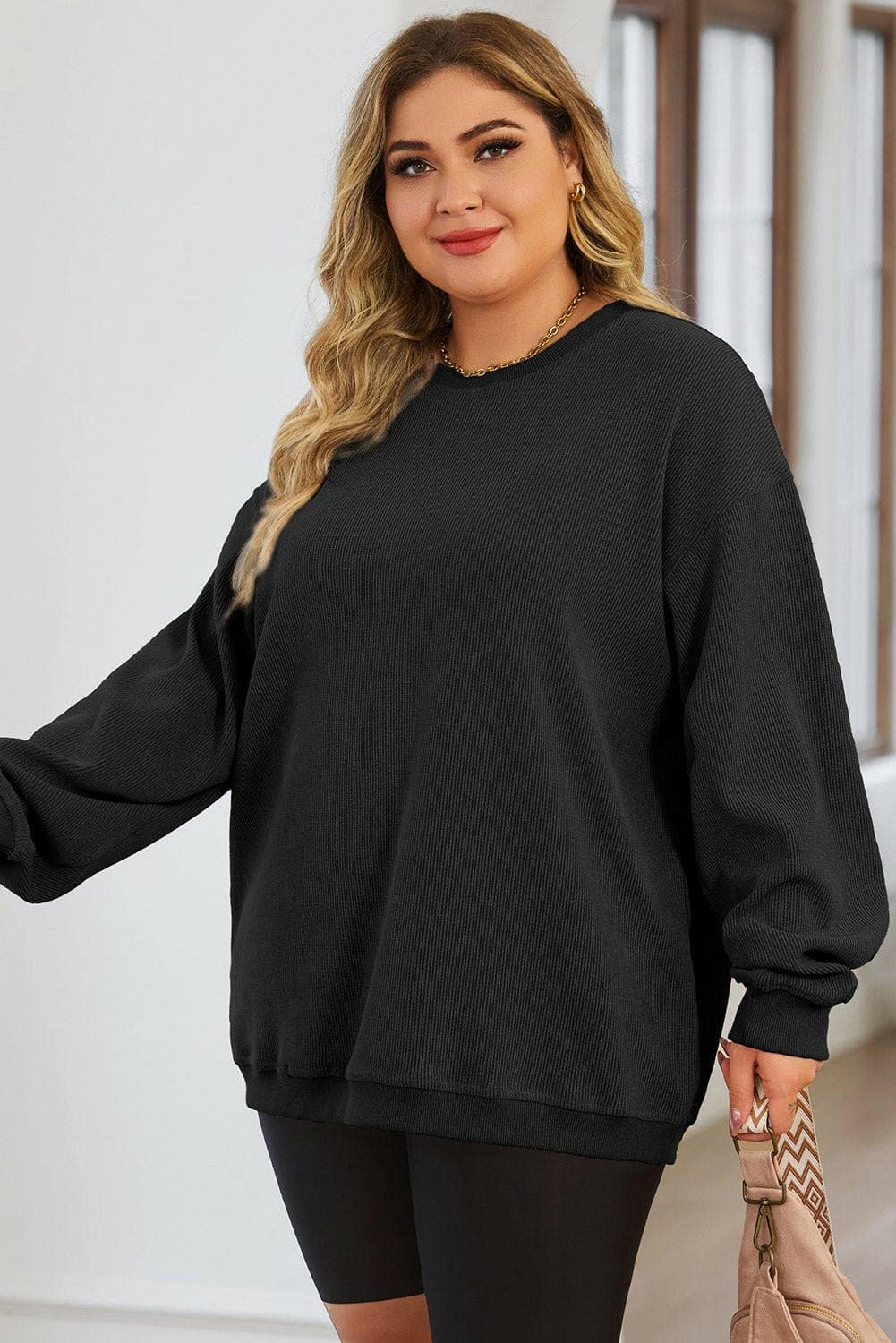 Plus Size Round Neck Dropped Shoulder Sweatshirt - Love Salve