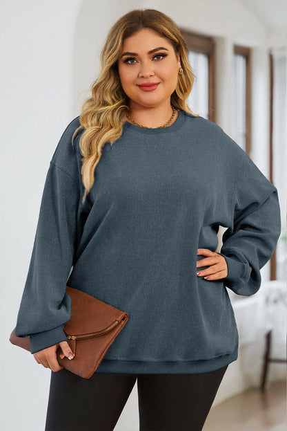 Plus Size Round Neck Dropped Shoulder Sweatshirt - Love Salve