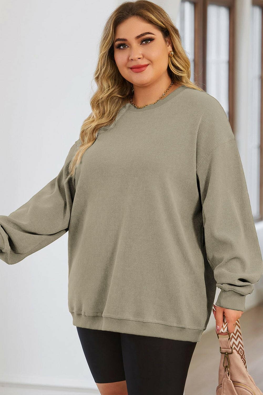 Plus Size Round Neck Dropped Shoulder Sweatshirt - Love Salve