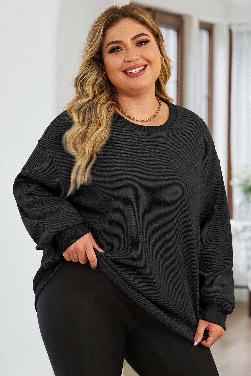 Plus Size Round Neck Dropped Shoulder Sweatshirt - Love Salve