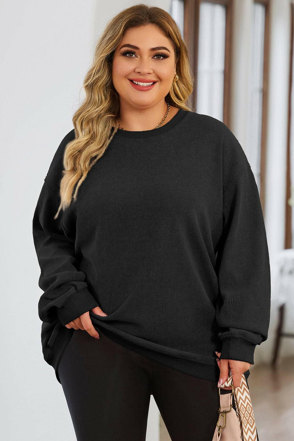 Plus Size Round Neck Dropped Shoulder Sweatshirt - Love Salve