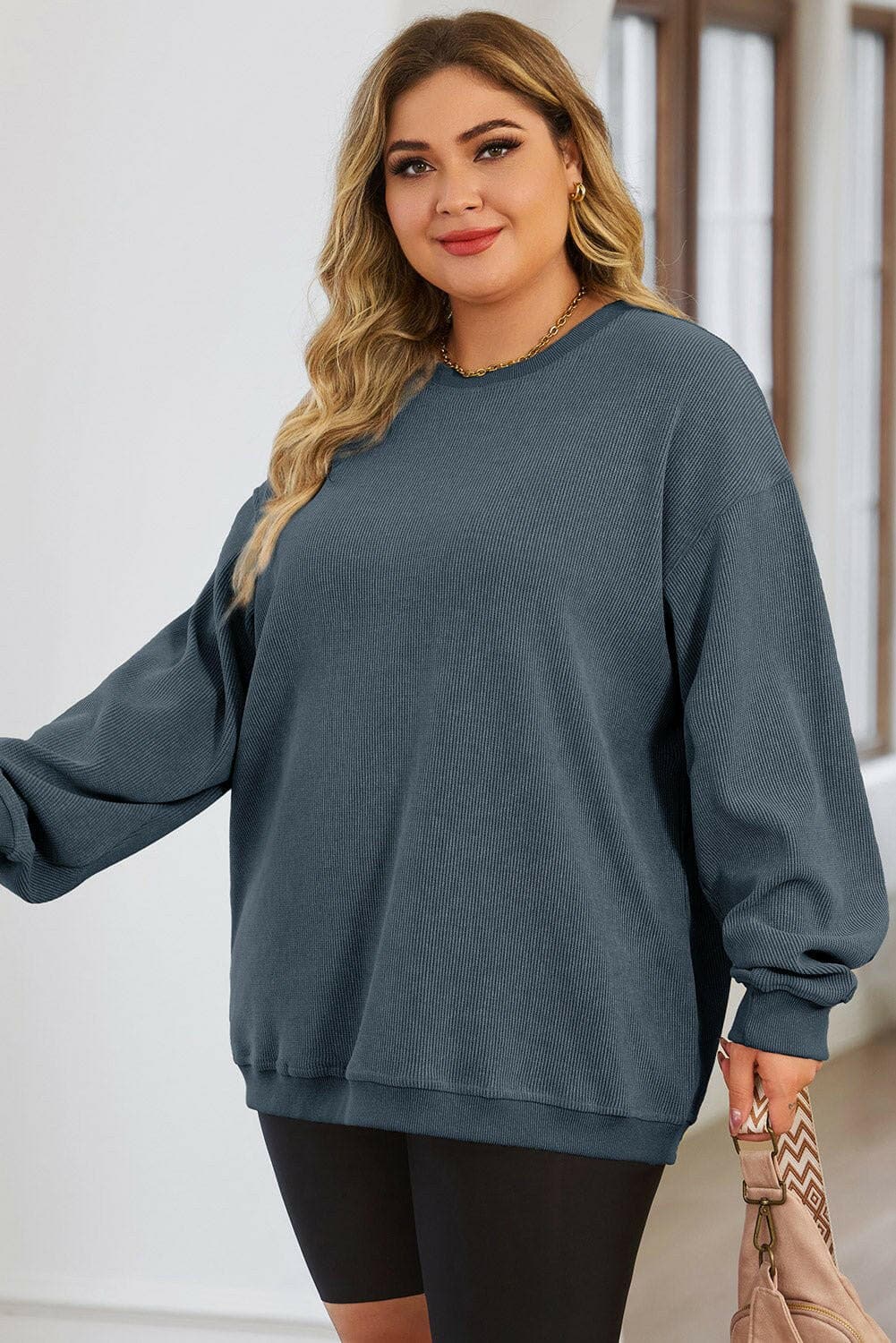 Plus Size Round Neck Dropped Shoulder Sweatshirt - Love Salve