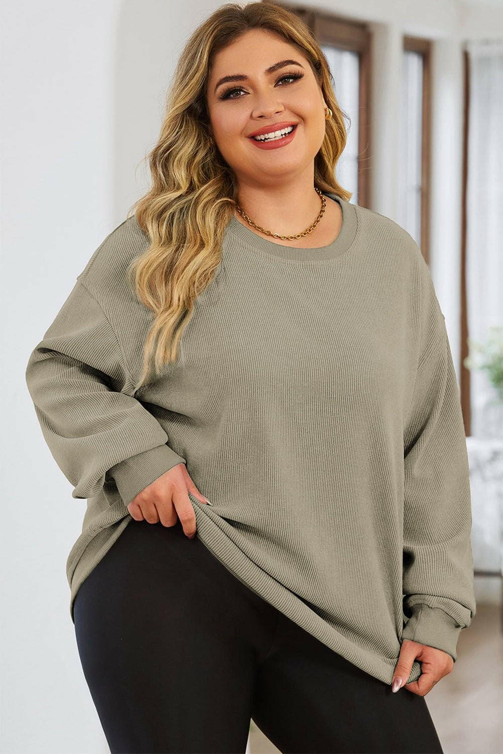 Plus Size Round Neck Dropped Shoulder Sweatshirt - Love Salve