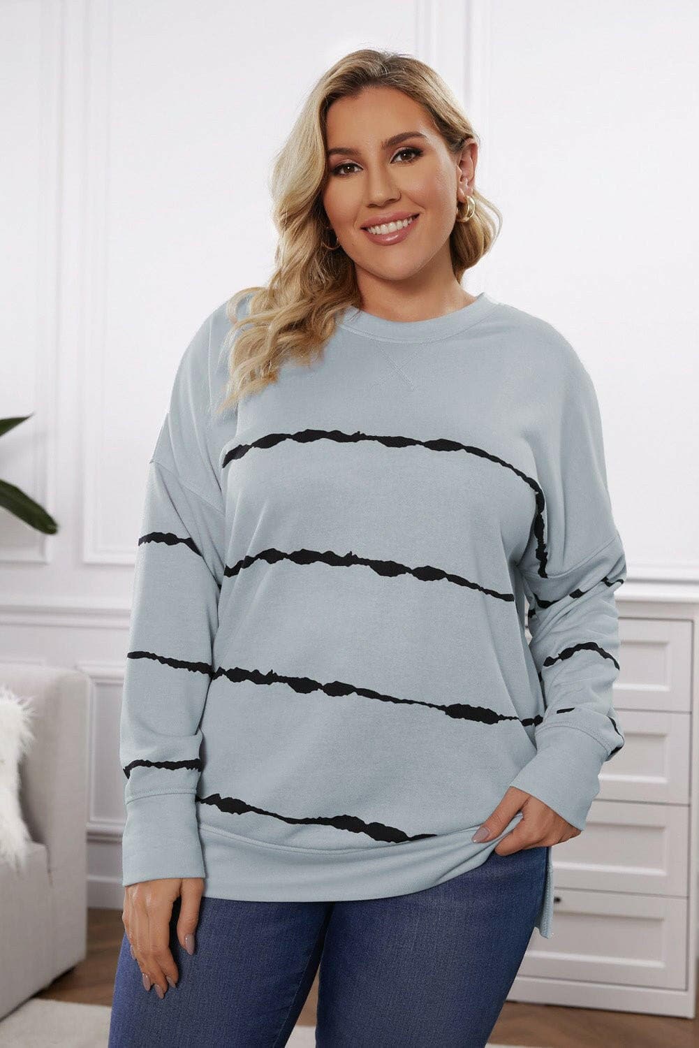 Plus Size Round Neck Dropped Shoulder Sweatshirt - Love Salve