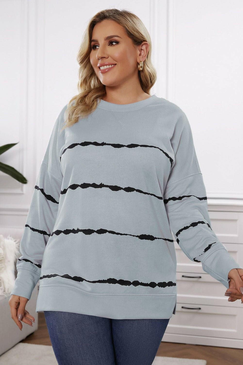 Plus Size Round Neck Dropped Shoulder Sweatshirt - Love Salve