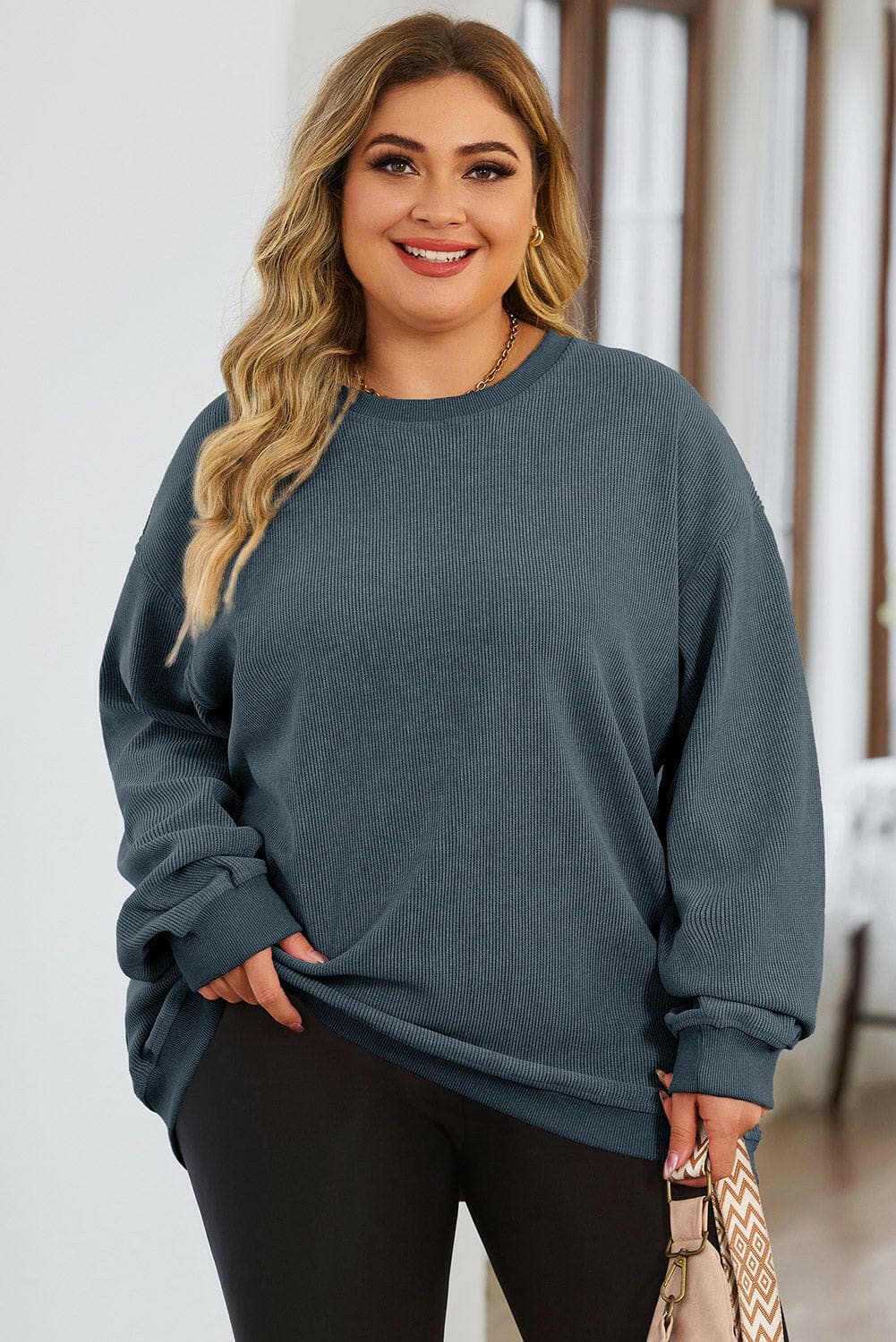 Plus Size Round Neck Dropped Shoulder Sweatshirt - Love Salve