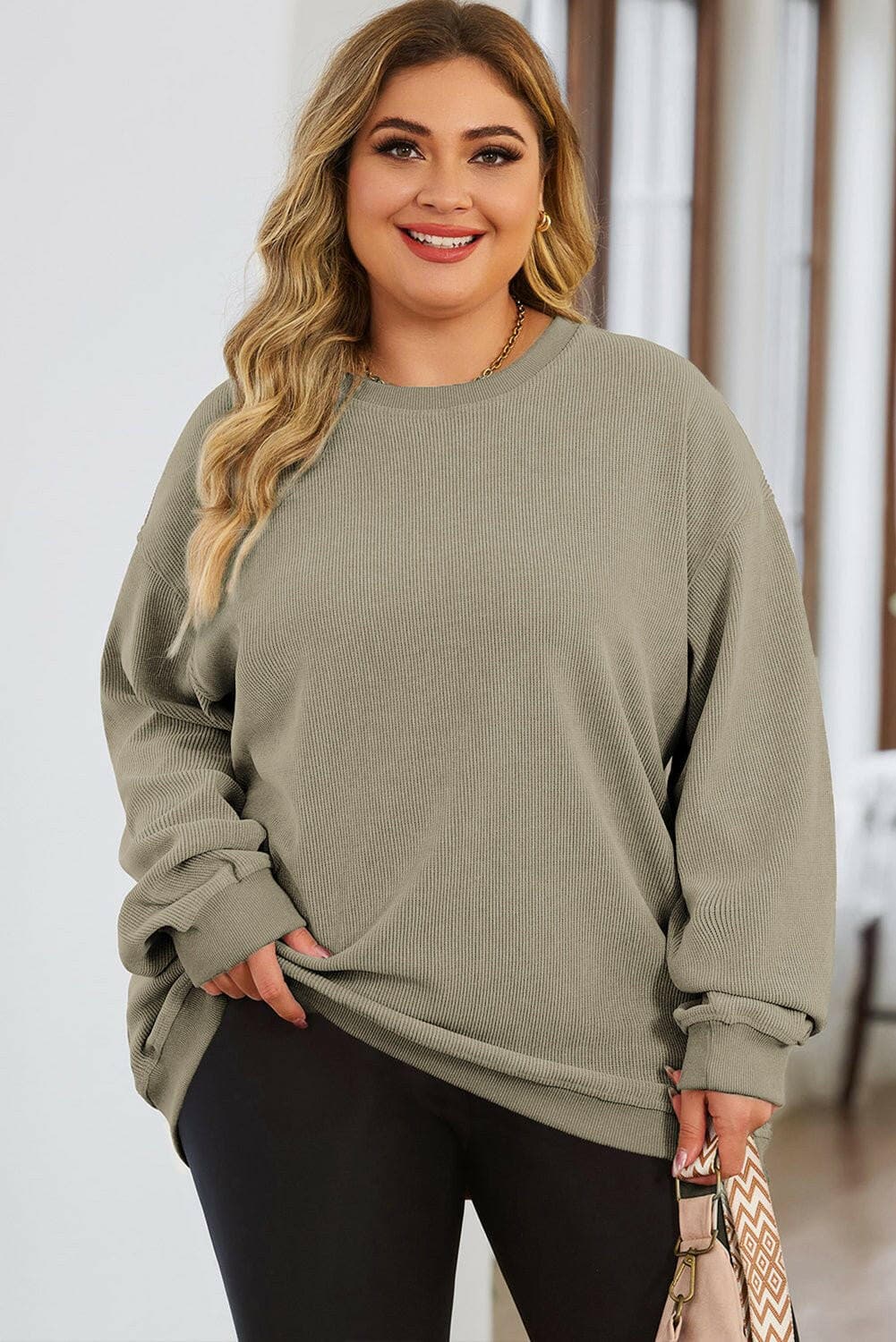 Plus Size Round Neck Dropped Shoulder Sweatshirt - Love Salve