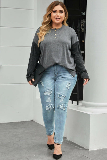 Plus Size Round Neck Long Sleeve Buttoned Blouse - Love Salve