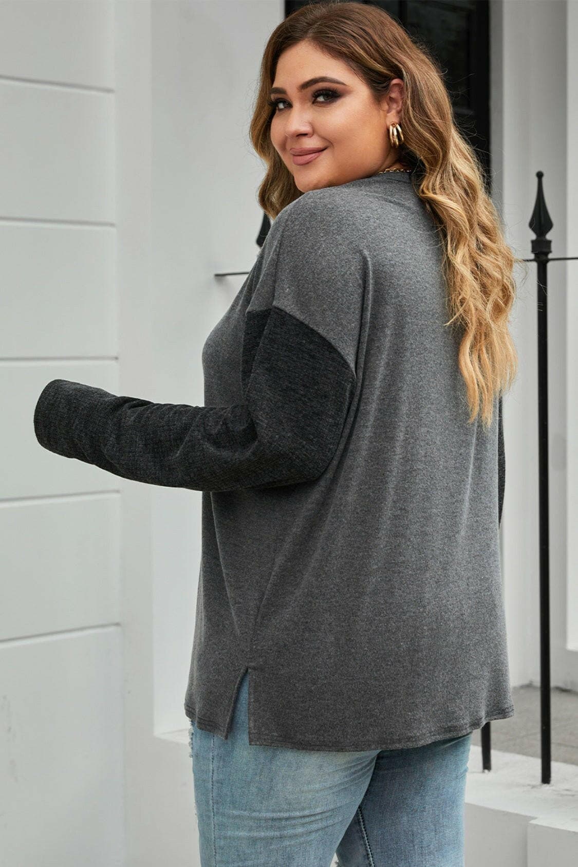 Plus Size Round Neck Long Sleeve Buttoned Blouse - Love Salve