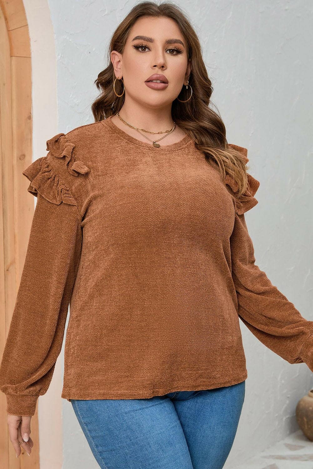 Stylish Ruffle Detail Plus Size Long Sleeve TopUpgrade Your Style with our Stylish Ruffle Detail Plus Size Long Sleeve Top
 Step up your fashion game with our elegant Ruffle Detail Plus Size Long Sleeve Top. ThisLove Salve Size Long Sleeve Topplus