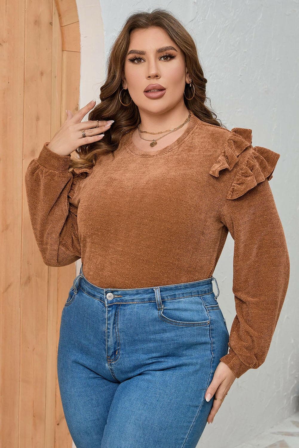 Stylish Ruffle Detail Plus Size Long Sleeve TopUpgrade Your Style with our Stylish Ruffle Detail Plus Size Long Sleeve Top
 Step up your fashion game with our elegant Ruffle Detail Plus Size Long Sleeve Top. ThisLove Salve Size Long Sleeve Topplus