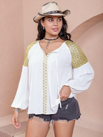 Plus Size Sequin Tie Neck Dropped Shoulder Blouse - Love Salve