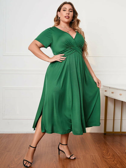 Chic Plus Size Surplice Midi Dress with Short SleevesChic Plus Size Surplice Midi Dress with Short Sleeves
 Elevate your style effortlessly with our Chic Plus Size Surplice Midi Dress, designed to enhance your look forLove Salve Size Surplice Midi Dressplus