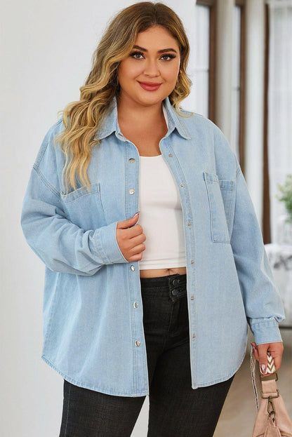 Plus Size Snap Down Pocketed Denim Jacket - Love Salve